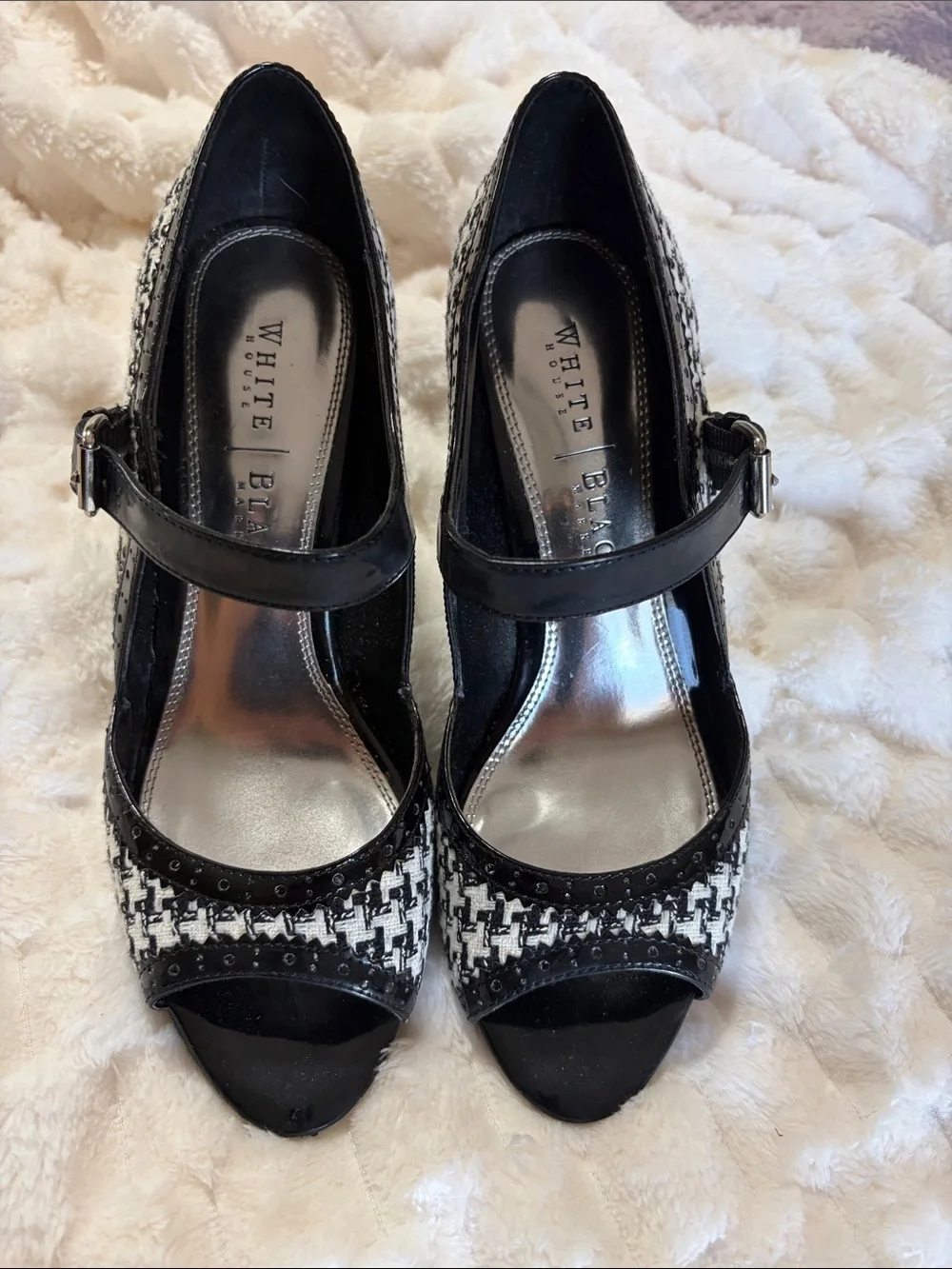 White House Black Market Black and White Tweed Peep-Toe Mary Jane Heels